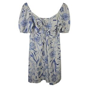 HM Blue White Floral Toile Cotton Puff Sleeve Mini Dress Large Smocked Tie Front